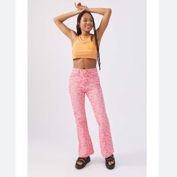 BDG High Rise Flare Jeans Pink Rose Floral - Picture 1 of 8